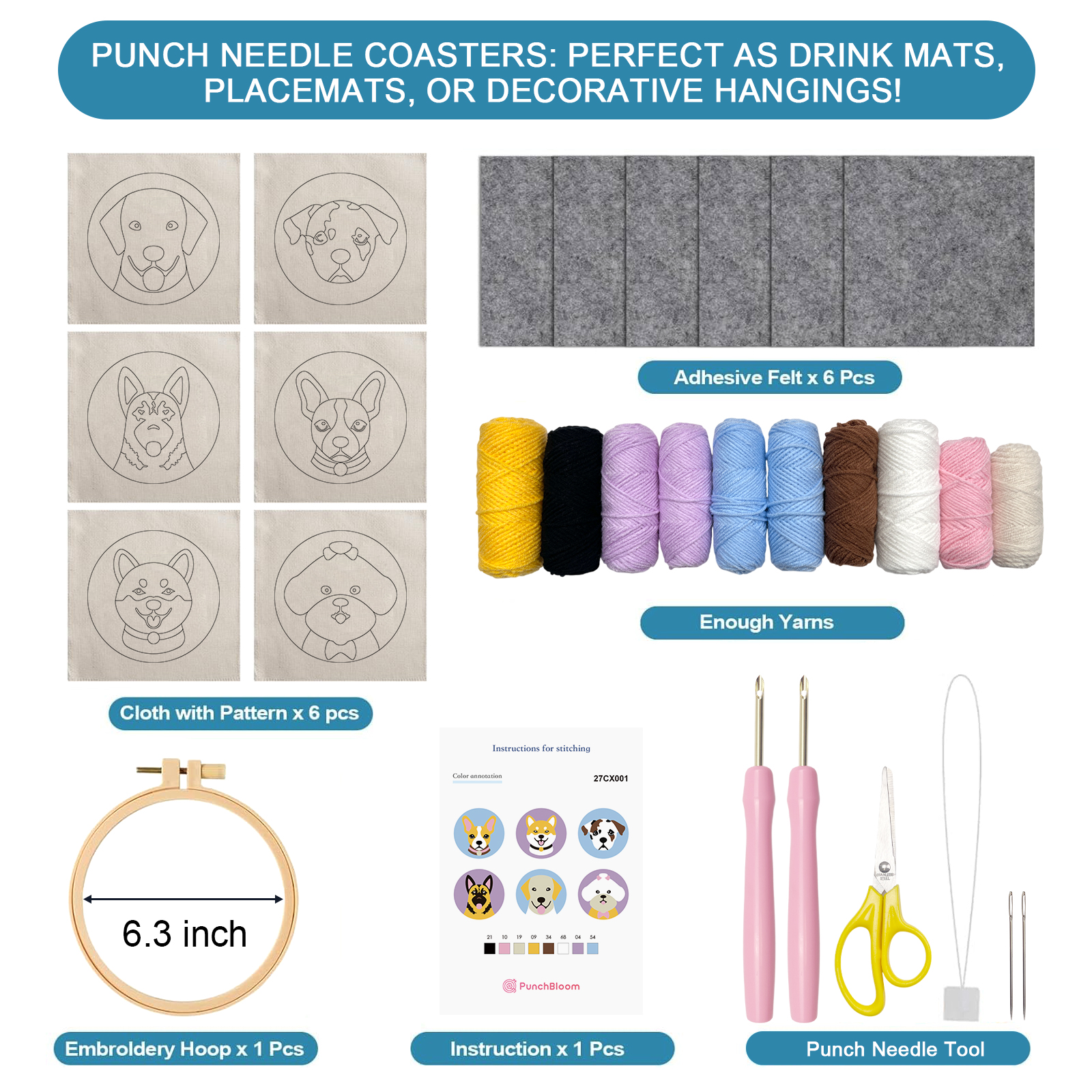 Dogs Punch Needle Coaster Kit - 6PCS