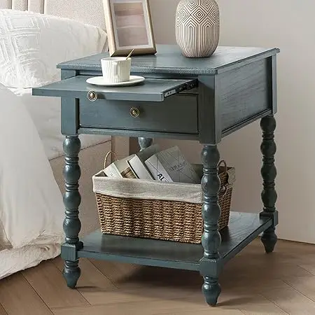 Farmhouse End Table with Charging Station, Solid Wood Nightstand with Drawer Shelf, Side Table with Pull-Out Shelf (Walnut)