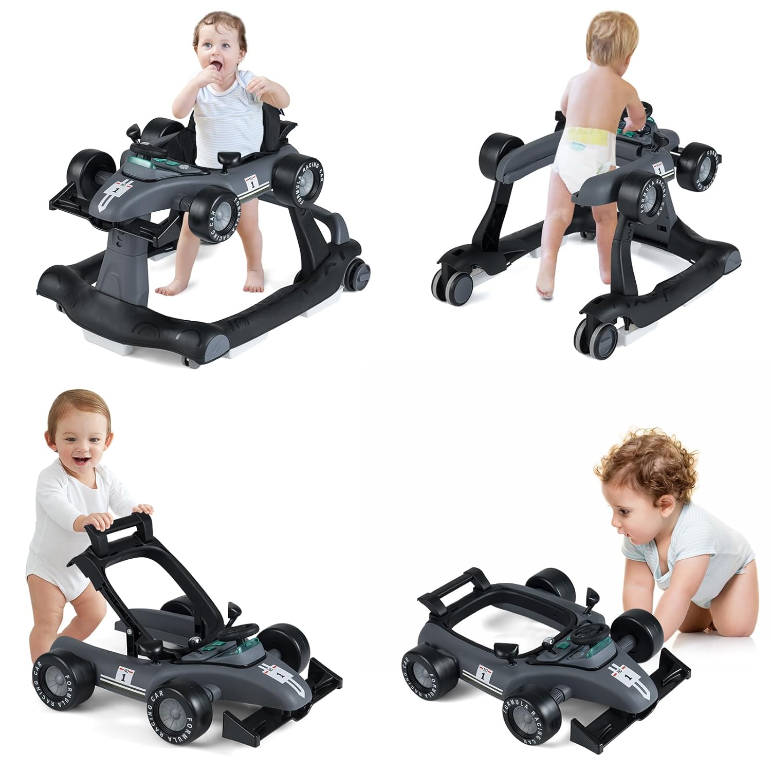 4-in-1 Baby Walker, Activity Push Walker w/3 Adjustable Heights, Smooth Wheels w/Adjustable Speed, Padded Seat, Music & Light, Foldable Car Walker for Baby Boys Girls Age 6 Months