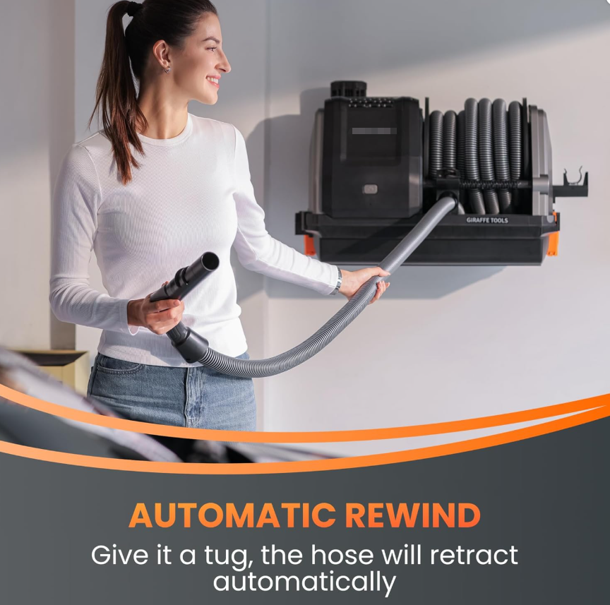 Retractable Vacuum Cleaner Wall-Mounted, Shop Wet Dry Vacuum Cleaner with 6 Nozzles for Car Detailing Remote Control Garage Vacuum, Grey
