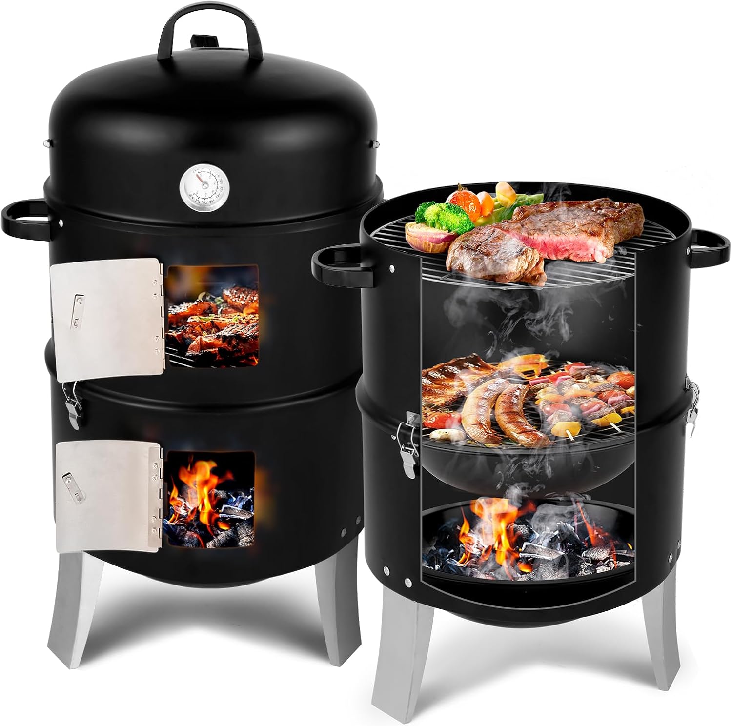 Vertical Charcoal BBQ Smoker, 3-in-1 Portable Outdoor Grill Cooker with Built-in Thermometer for Outdoor Backyard Cooking Grilling Camping