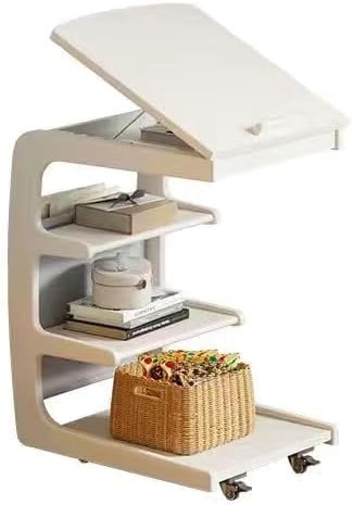 Rolling Couch Side Table with Storage Shelves Small Wood Tilt Laptop Cart Desk with Wheels Movable End Table with Storage (Walnut, 15.7