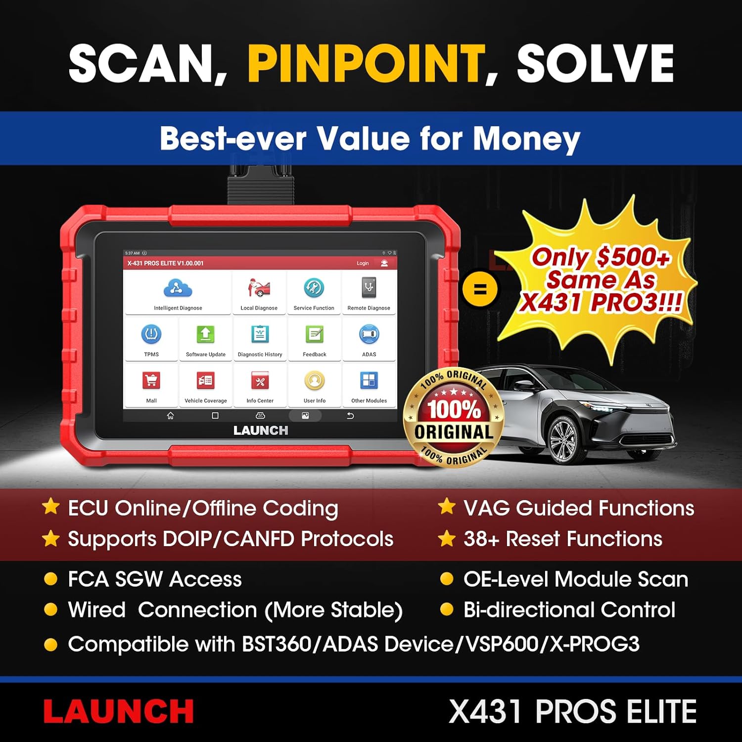 Launch X431 PROS Elite 2026 New Bidirectional Scan Tool, 38+ Services, ECU Coding, All-in-One Full System Diagnostic Scanner, Support CANFD&DoIP, FCA AutoAuth, V.A.G Guided, 2 Years Free Update