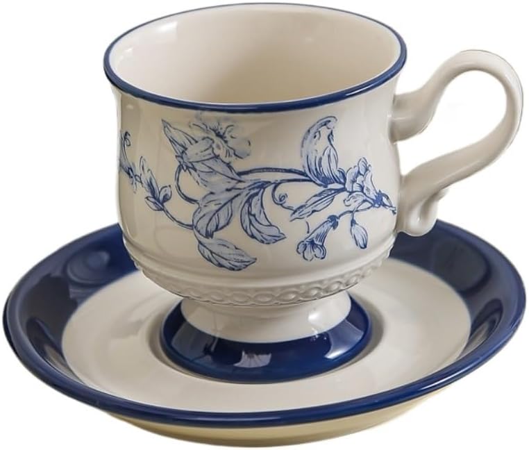 Porcelain Tea Coffee Cups Set， Ceramic Coffee Cup and Saucer Set, Retro French Afternoon Tea Cup, Flower Tea Cup(Blue)