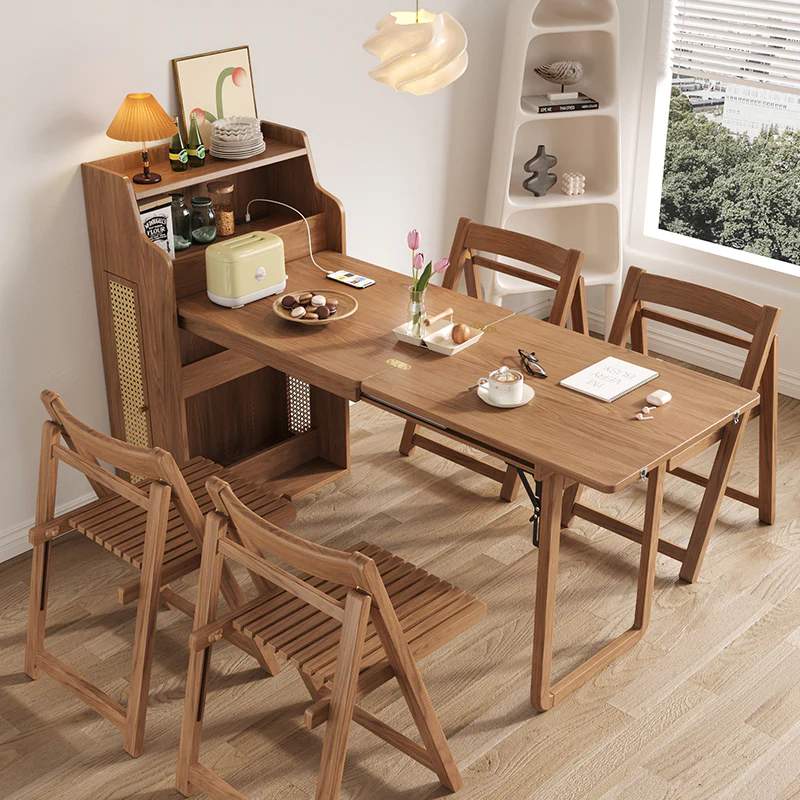 69'' Rattan Dining Cabinet Table Set Foldable Storage Multi-Chair Design Solid Wood Finish