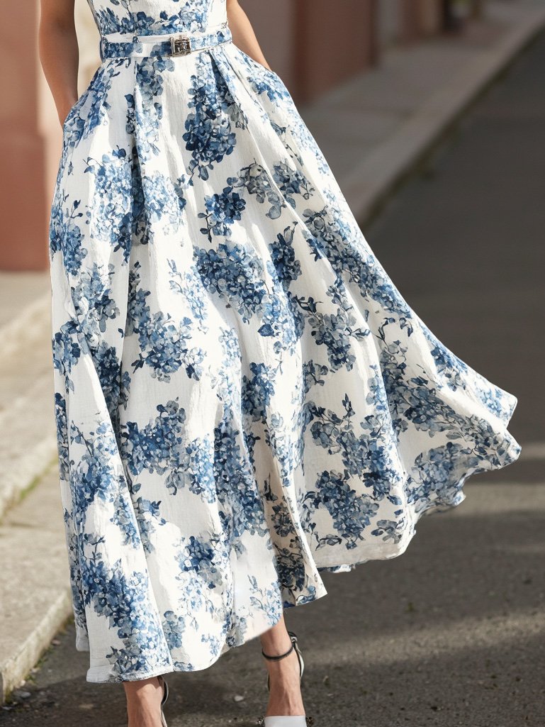 Maxi Linen Dress , Sleeveless, Round Neck, Floral, Belt Design, Vacation, Vintage, Blue