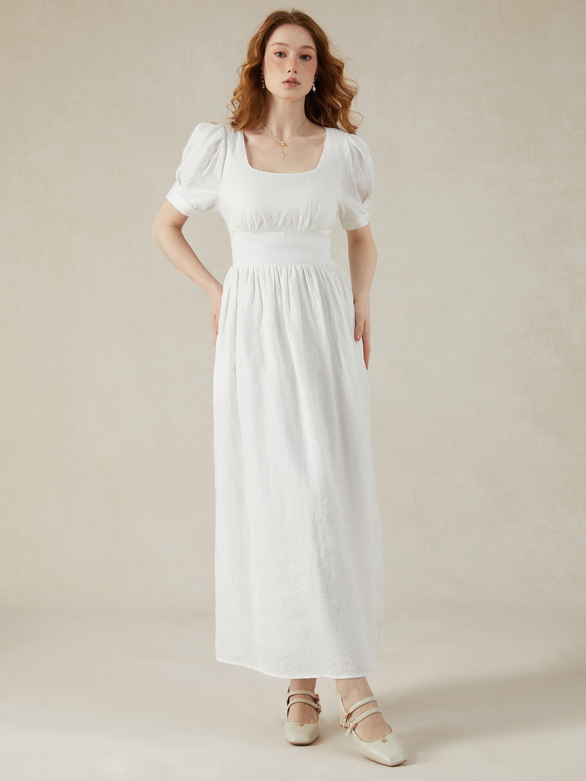 Linen Maxi Dress, Puff Sleeve, Short Sleeve, Square Neck, Vintage Dress, Linen, White
