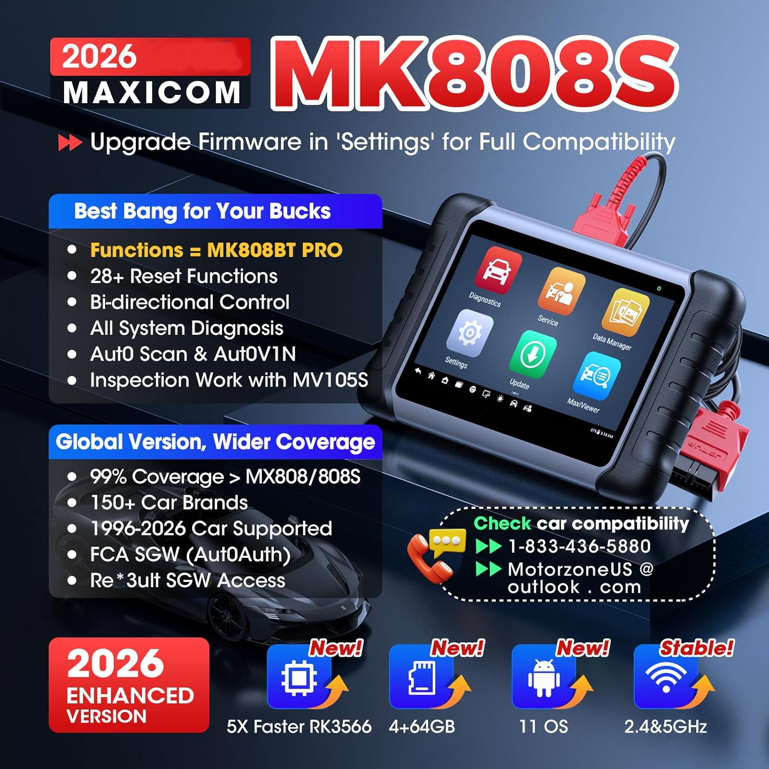 Scanner MaxiCOM MK808S: 2026 Bidirectional Tool as MK808BT Pro MX808S M808Z, Work as MaxiCheck MX900 MK900BT, 28+ Service, Active Test, All System Diagnose, Injector C0ding, FCA Autoauth OS 11