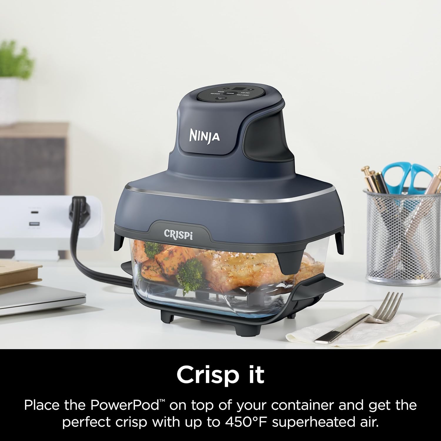 4-in-1 Portable Glass Air Fryer Cooking System, 1500W, 4QT & 6-Cup TempWare Glass Containers with Storage Lids, Microwave, Freezer & Dishwasher Safe, Cyberspace Gray, FN101GY