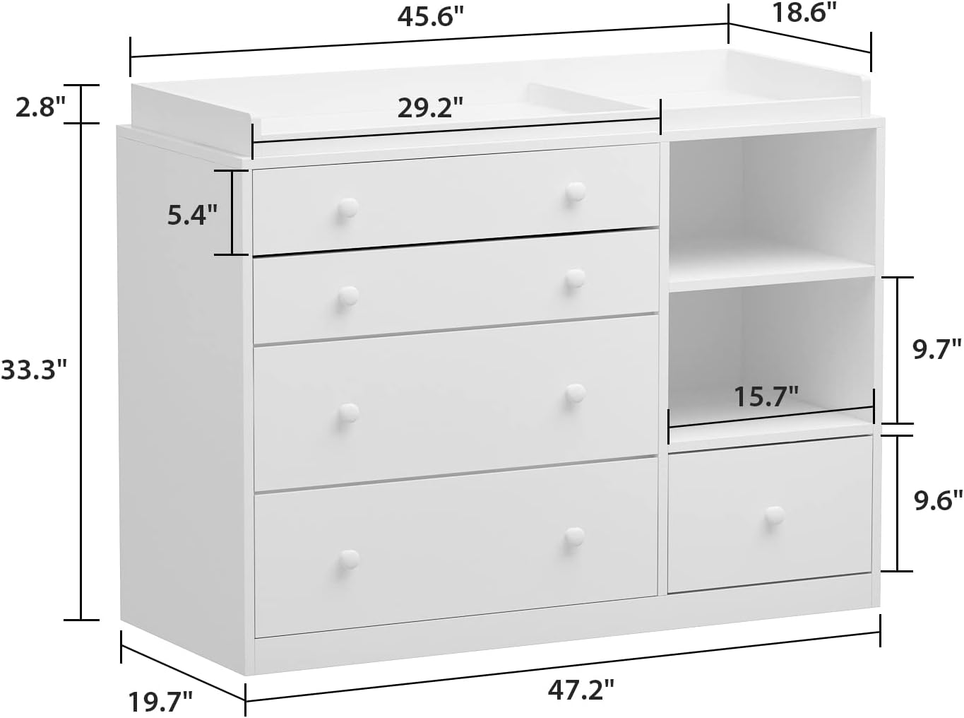 Baby Nursery Dresser, White Bedroom Dresser with 5 Drawers & Storage Shelves, Wood Chest of Drawers Nursery Storage Kids Organizer