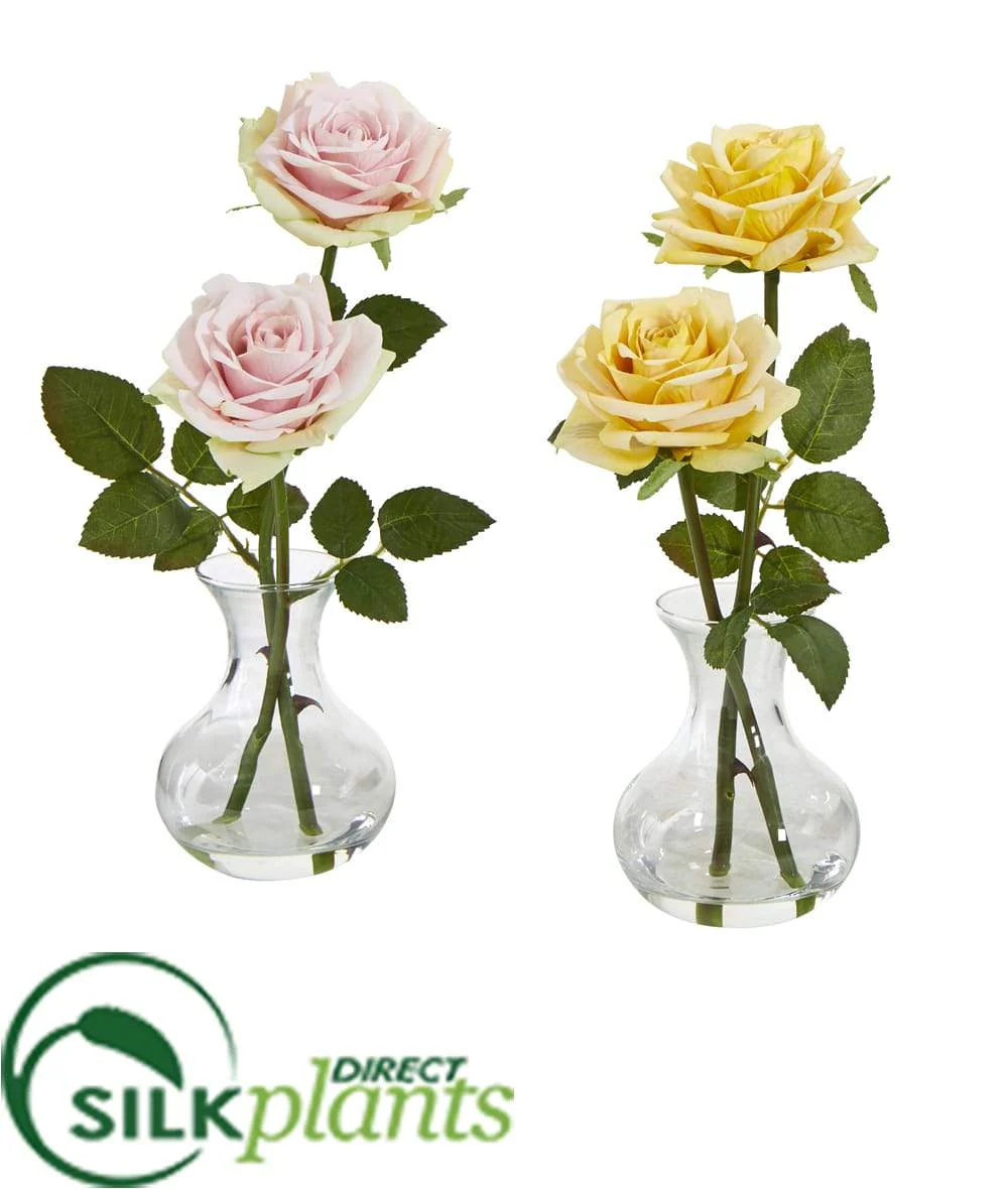 Silk Plants Direct Rose Artificial Arrangement in Glass Vase - Assorted - Pack of 2