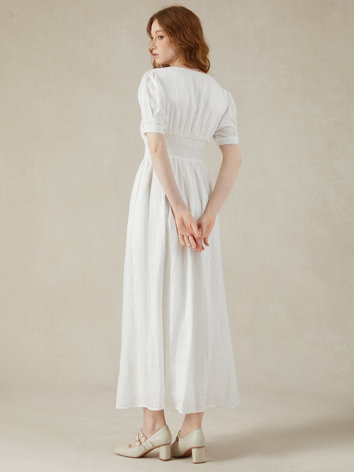 Linen Maxi Dress, Puff Sleeve, Short Sleeve, Square Neck, Vintage Dress, Linen, White