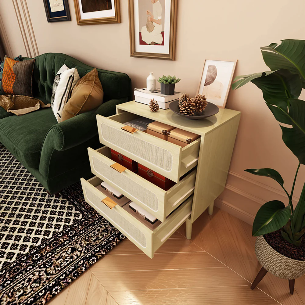 Rattan Nightstand Dresser Table with 3 Drawers