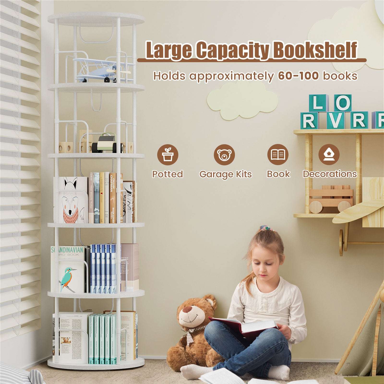 3-5 Tier Rotating Bookshelf With 360° Spinning Display