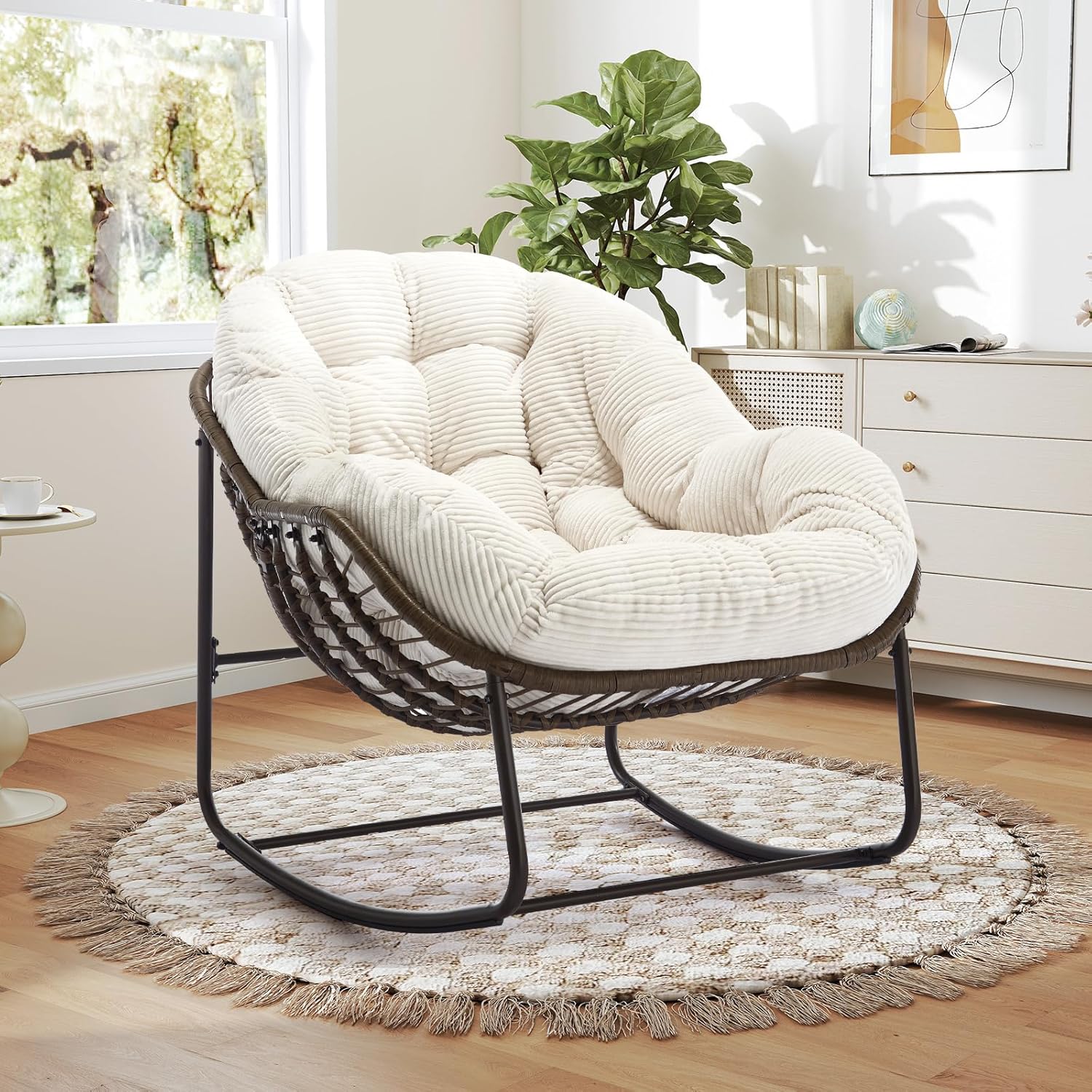 Large Indoor Outdoor Rocking Chair, Oversized Rocking Papasan Chair with Thick Cushion and Frame Outdoor Rocker, Comfy Wicker Egg Chairs Lounge for Outside Porch Patio Backyard Balcony