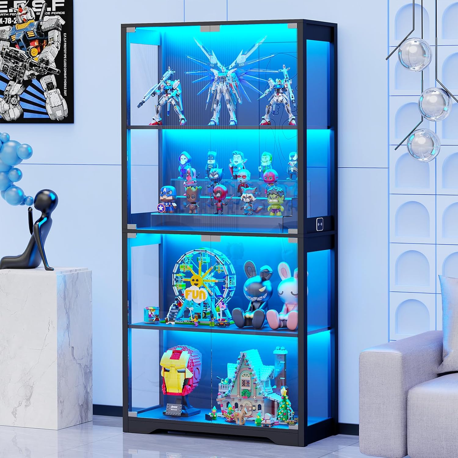 Cabinet with 3 Color Lights for Collectibles, Glass Display Case with Human Body Sensor, Bookcase with 4 Shelves