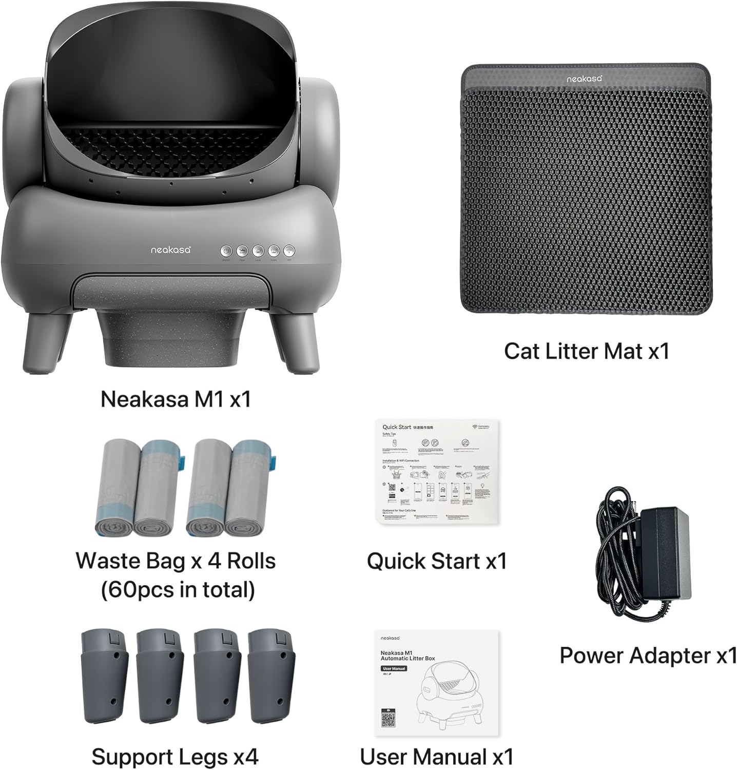 M1 Plus Bundle Open-Top Self-Cleaning Cat Litter Box with APP Control, Includes 4 Rolls (60pcs) Refill Waste Bags, 2 Extra Rolls Added (Plus Version)