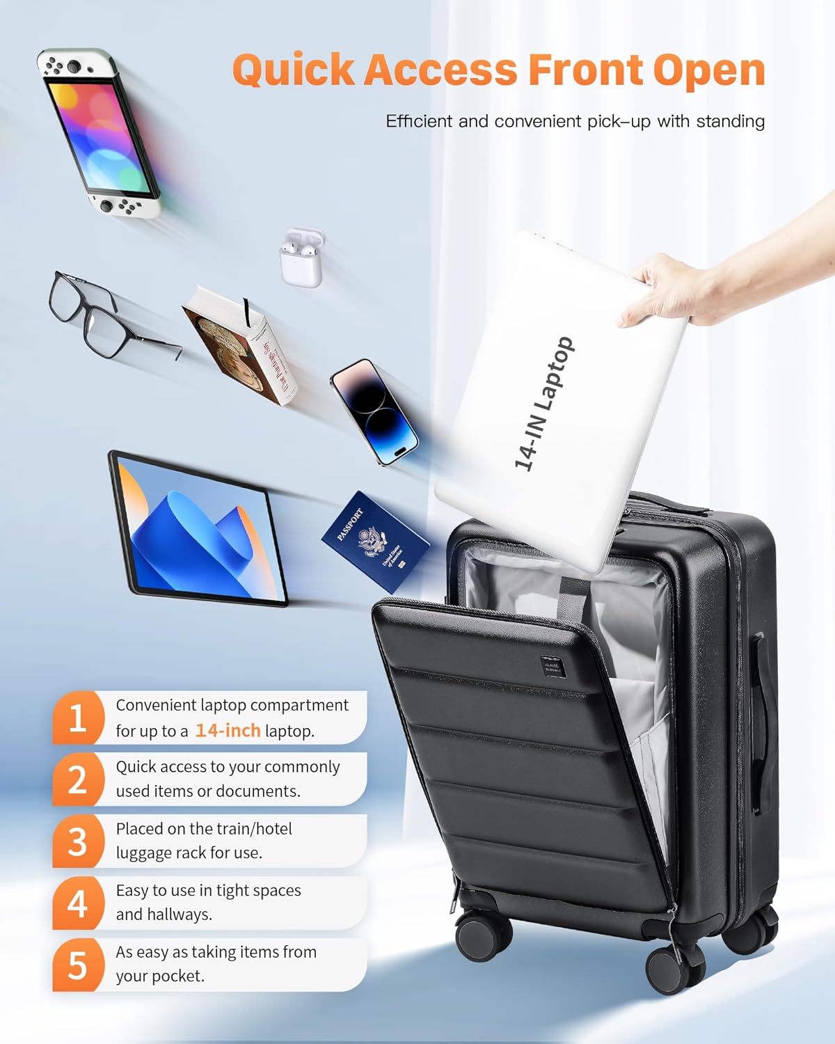 20 IN Carry On Luggage 22x14x9 Airline Approved - Front Pocket Hardside Travel Suitcase Unbreakable