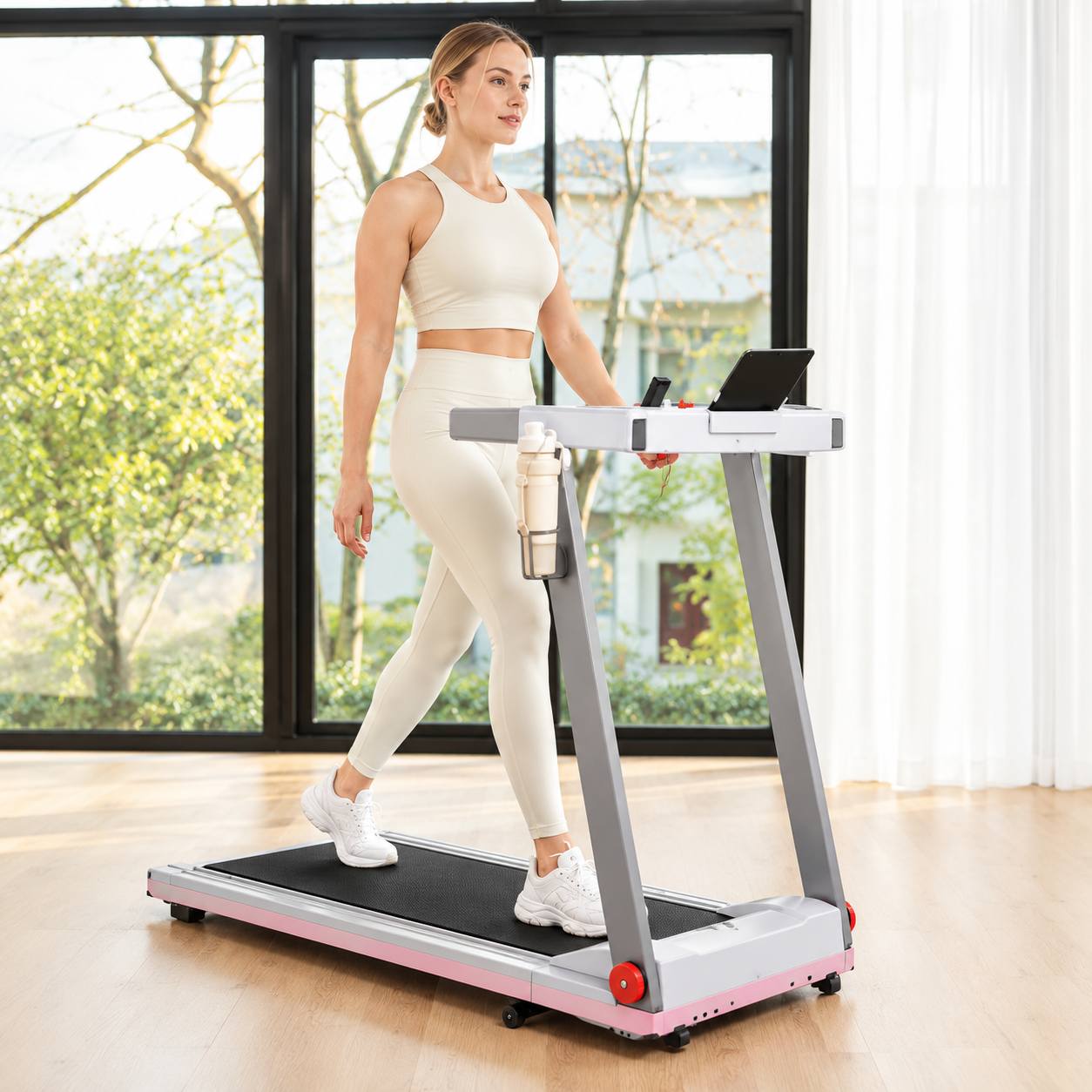 Folding Smart Treadmill with  6% Incline Pink Grey- Support Bluetooth & Remote Wireless Control