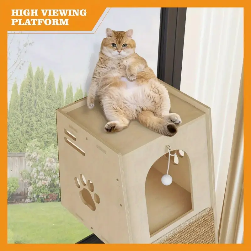 🐱3-in-1 Wooden Cat Apartment - Cat Observation Tower, Climbing Pole, Scratching Board