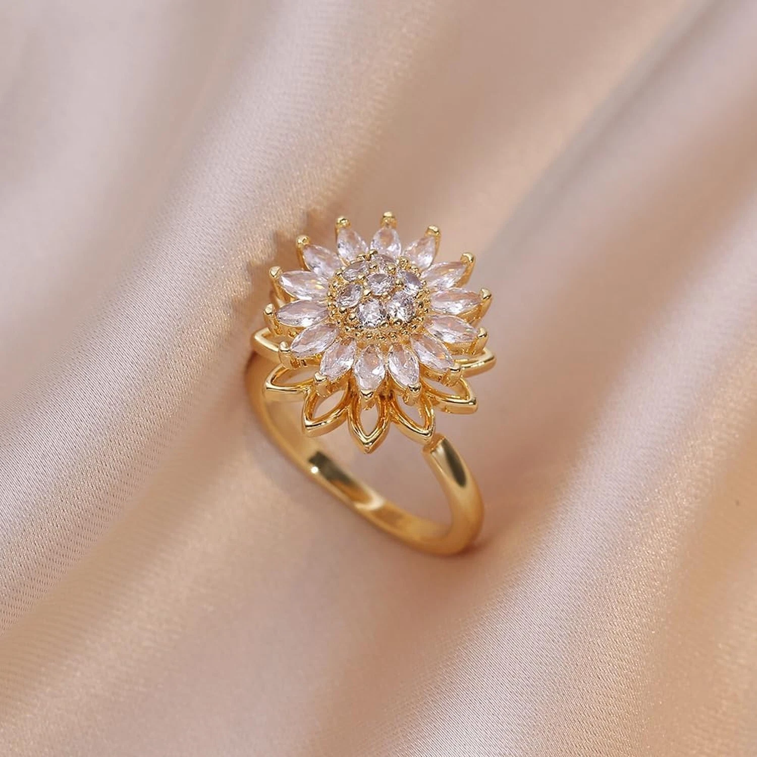 Spinning Sunflower Bracelet for Women Sunflower Fidget Necklace Ring Gold Zir...