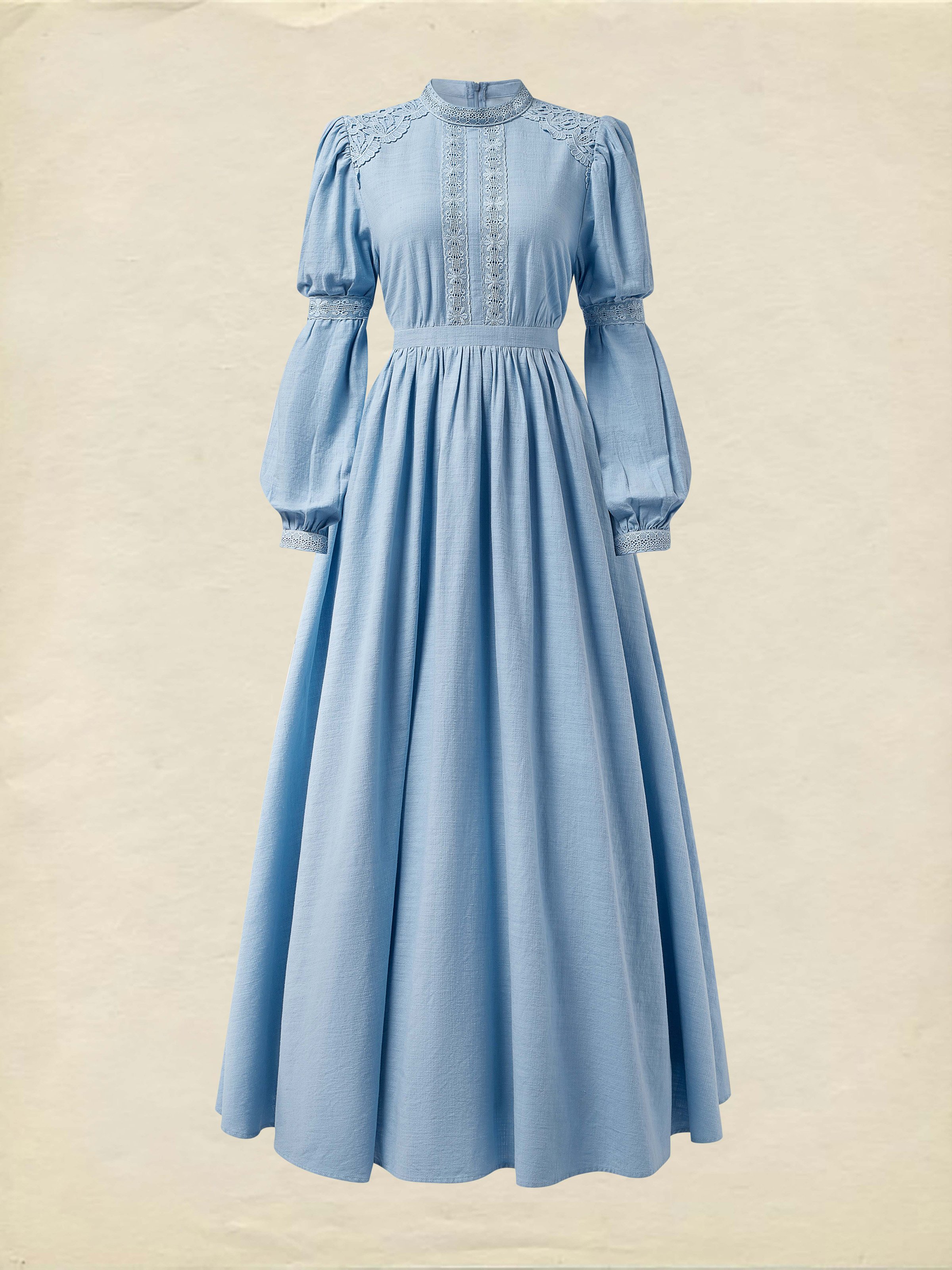 Maxi Linen Dress, Long Sleeves, Stand Collar, Lace Design, Linen Blend, Blue