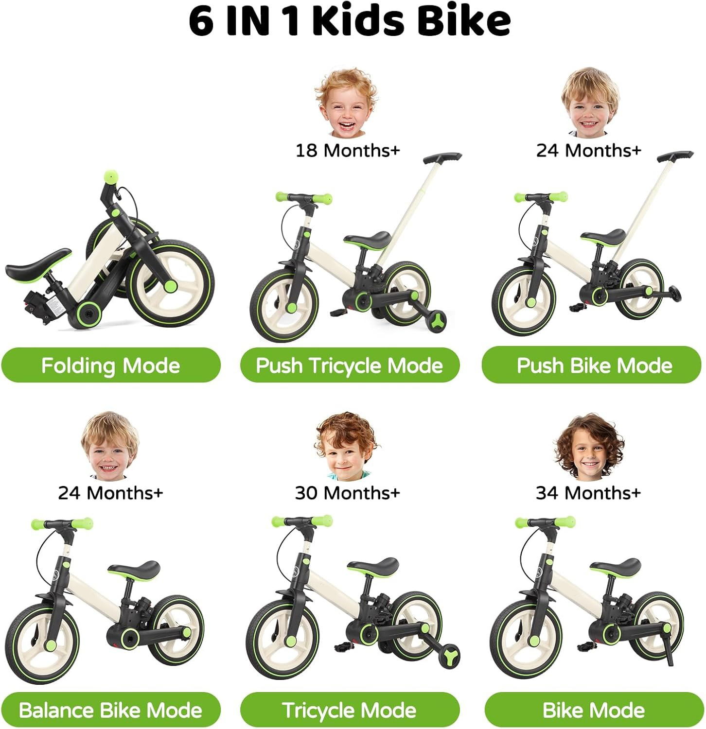 Toddler Bike with Push Handle for Kids 18-60 Months, 6 in 1 Foldable Push Bike with Training Wheels, Pedals, Brakes, Kickstand, Kid Balance Bike Gift & Toys for Boy & Girl
