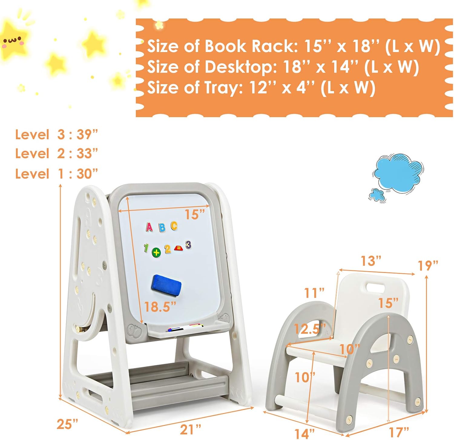 Kids Art Easel with Stool, 3 in 1 Double-Sided Magnetic Dry Erase Board and Kids Book Rack with Foldable Desktop, Adjustable Standing Easel with Letters and Number Magnets