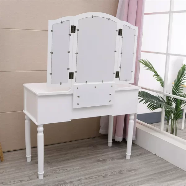 Tri-Folding Mirror Vanity Set 5 Drawers Dressing Table Makeup Desk with Stool