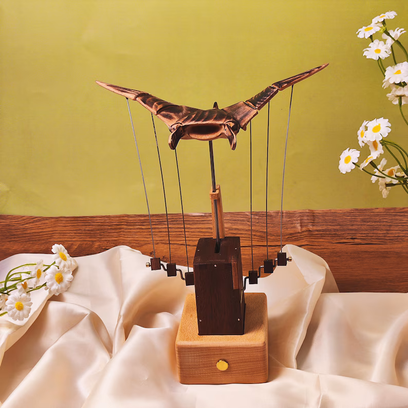 Handmade Wooden Manta Ray Automaton: Kinetic Sculpture, Unique Desk Decor