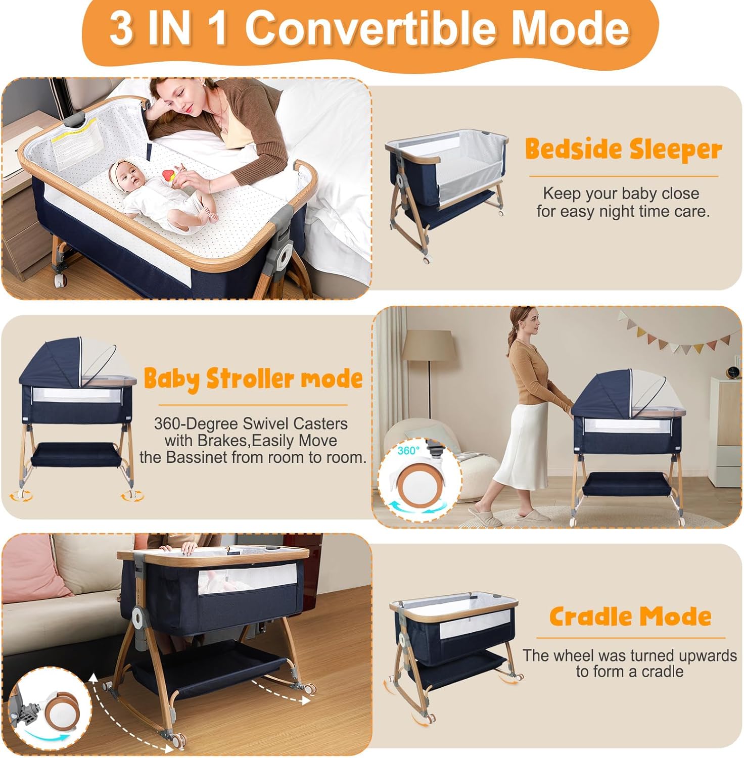 Baby Bassinet Bedside Sleeper,3 in 1 Baby Bassinet,Breathable Mesh Rocking Bassinets with Comfy Mattress and Wheels,6 Height Adjustable Easy Assemble & Folding Portable Baby Cradle