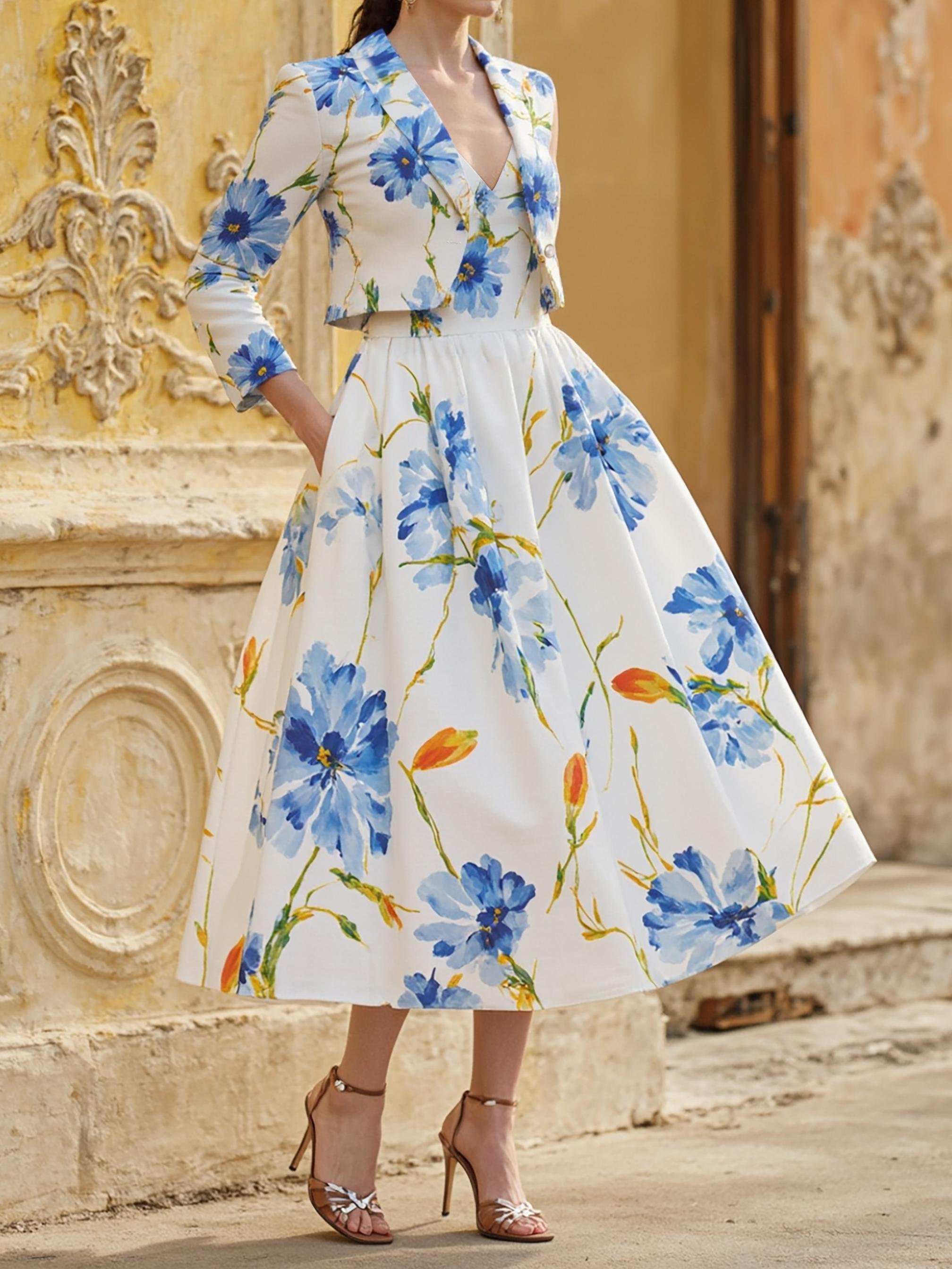 Linen Blazer , Long Sleeves, Shawl Collar, Floral, Vintage, White