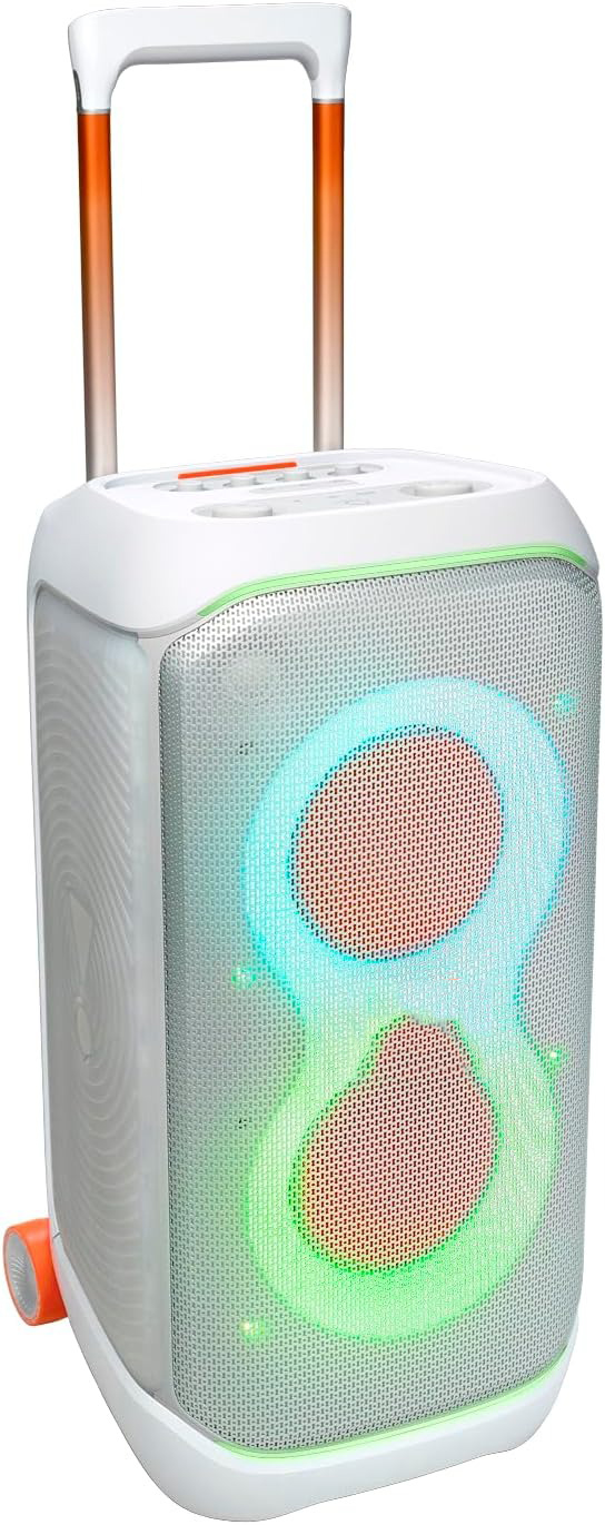 Portable Party Speaker with Telescopic Handle & All-Terrain Wheels, Powerful Pro Sound, Futuristic Light Show, Up to 18 Hours of Playtime, Splashproof