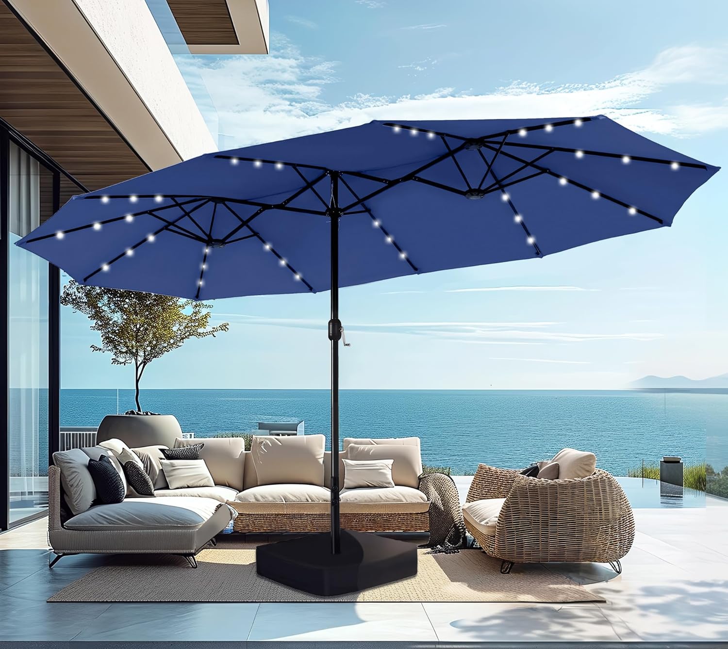 15ft Large Patio Umbrella with Solar Lights, Double-Sided Outdoor Market Rectangle Umbrellas with 36 LED Lights, Umbrella Base (Stand) Included