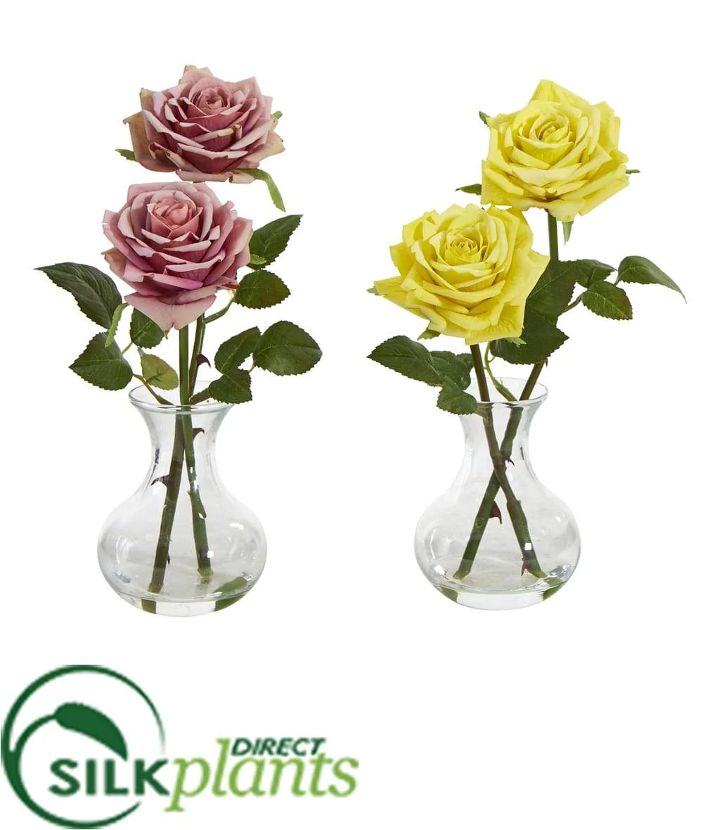 Silk Plants Direct Rose Artificial Arrangement in Glass Vase - Cream Pink - Pack of 2
