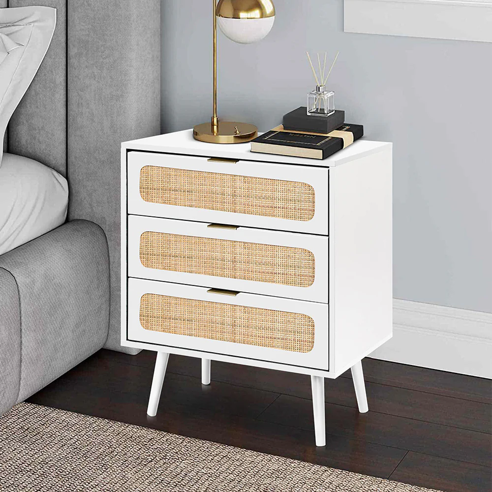 Rattan Nightstand Dresser Table with 3 Drawers