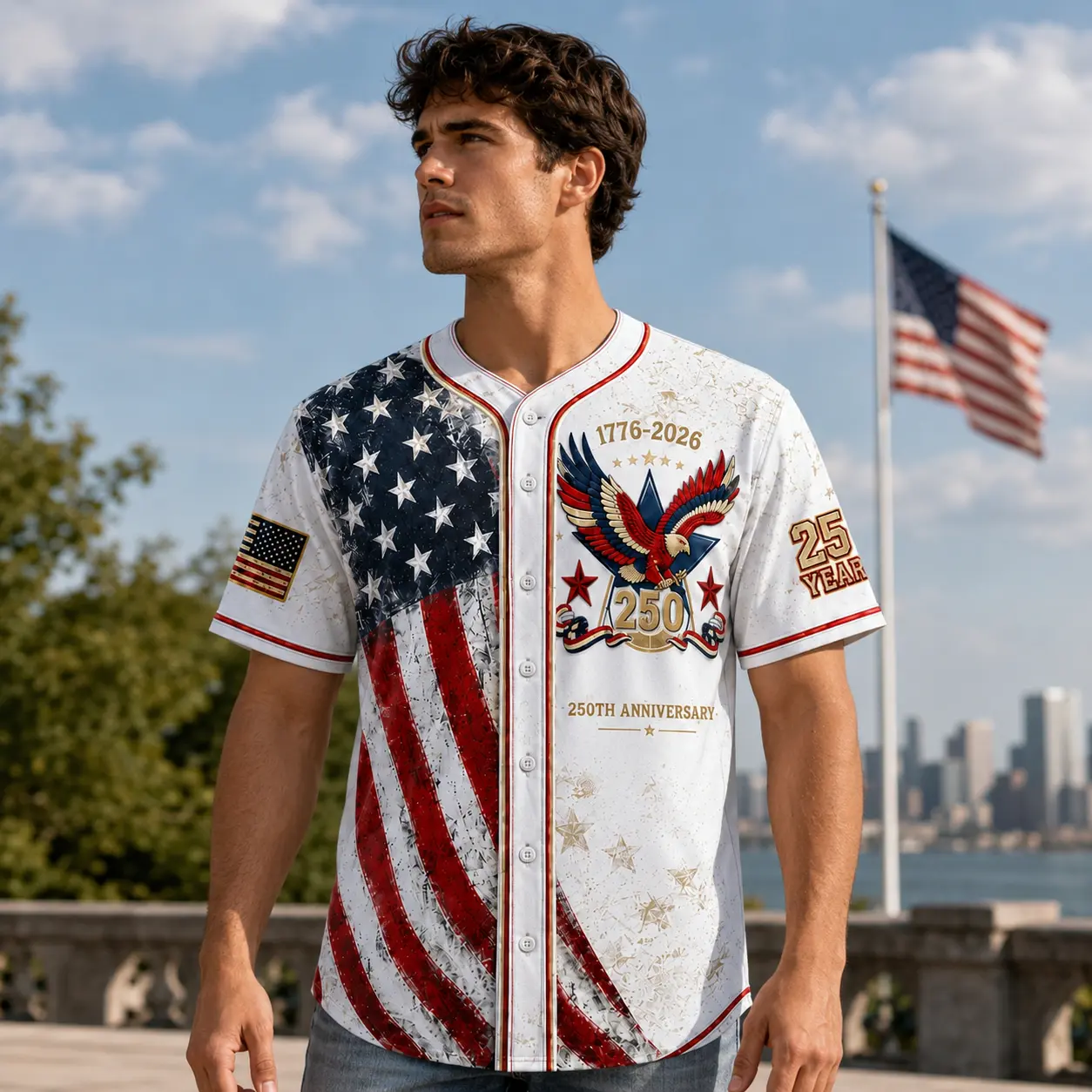 USA 250th Anniversary Baseball Jersey – Patriotic Eagle Button Shirt Plus Size Friendly