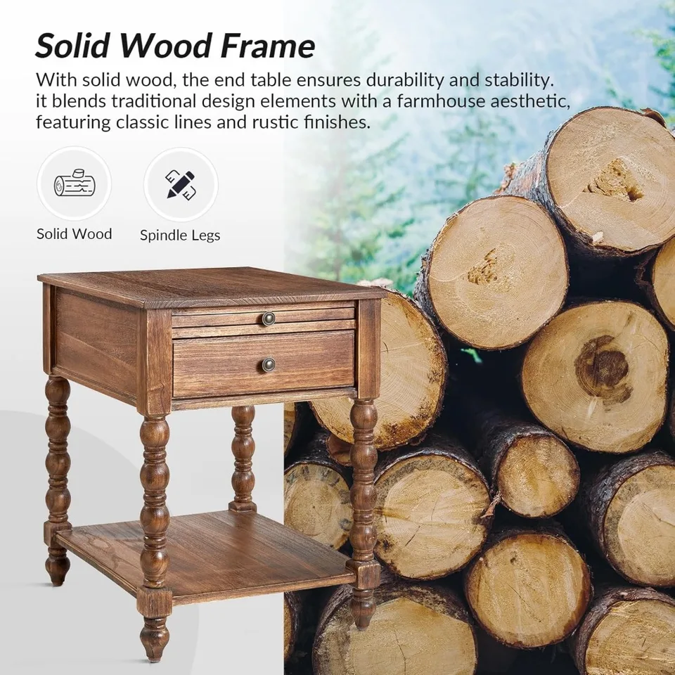 Farmhouse End Table with Charging Station, Solid Wood Nightstand with Drawer Shelf, Side Table with Pull-Out Shelf (Walnut)