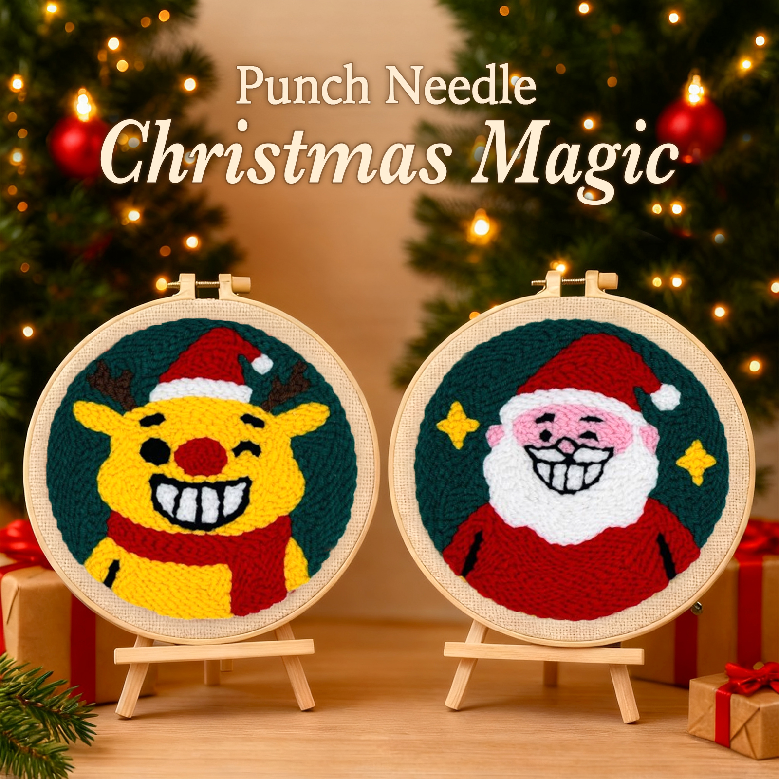 Santa Claus and Reindeer -Punch Needle Decor Kit