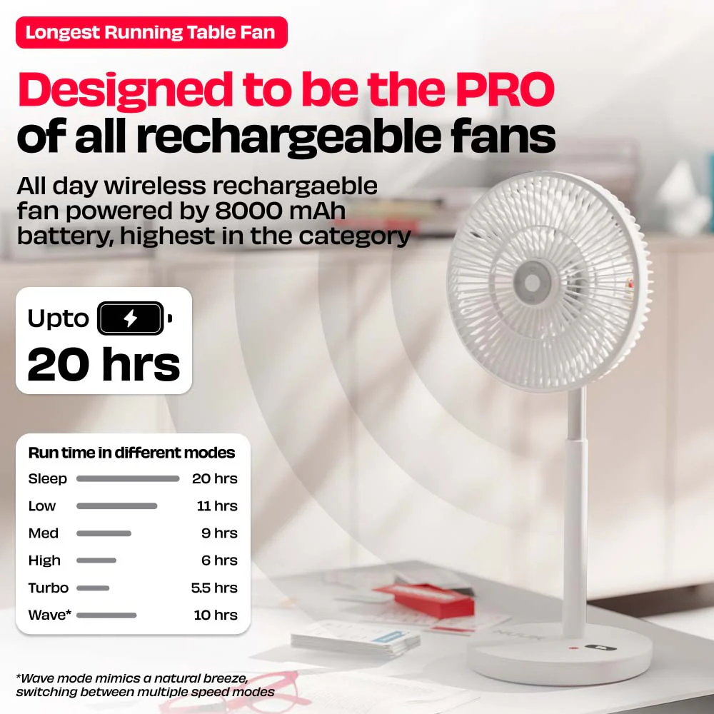 Rechargeable Table Fan with ProLift™ Adjustable Stem and Mood Light | LĪT PRO