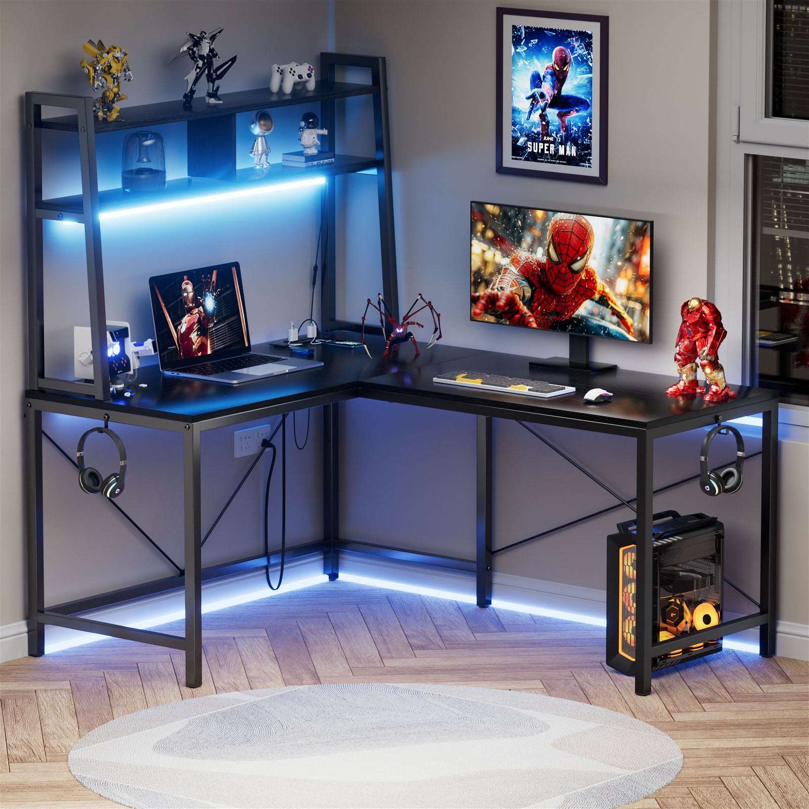 L-Shaped Gaming Desk With Led Lights & Power Outlets