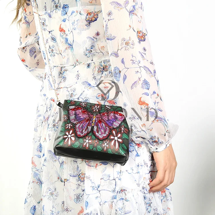 DIY Diamond Painting Leather Bag - Green Leaf Butterfly