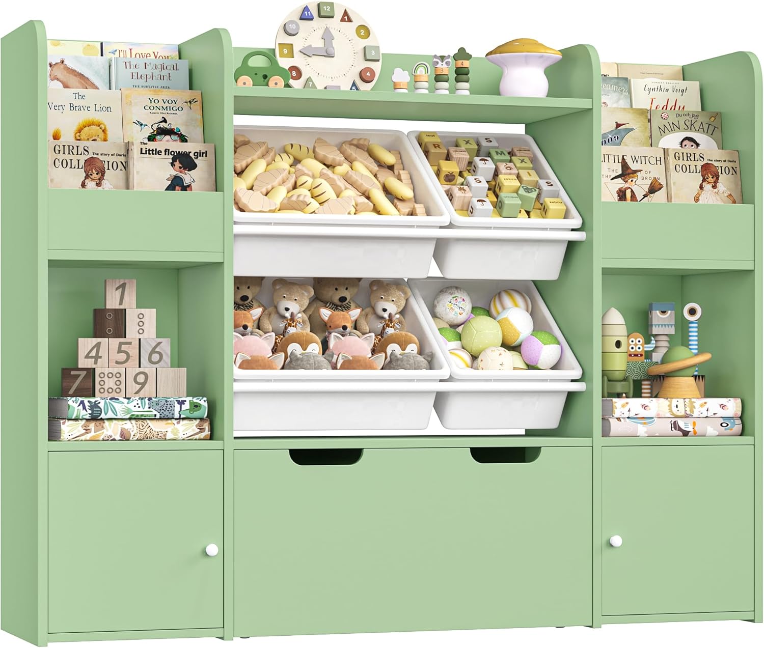 50'' Large Toy Storage Organizer with 4 Toy Bins, 6 Storage Cubbies and Movable Drawer, Bookshelf for Kids, Playroom Organization and Bins