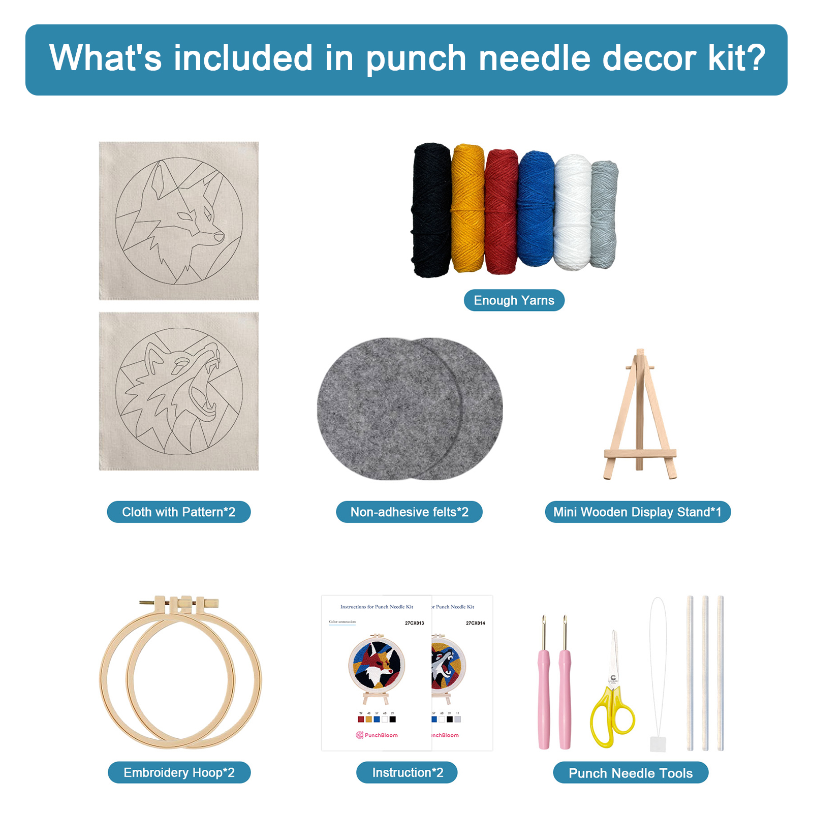 Colorful Fox & Wolf -Punch Needle Decor Kit