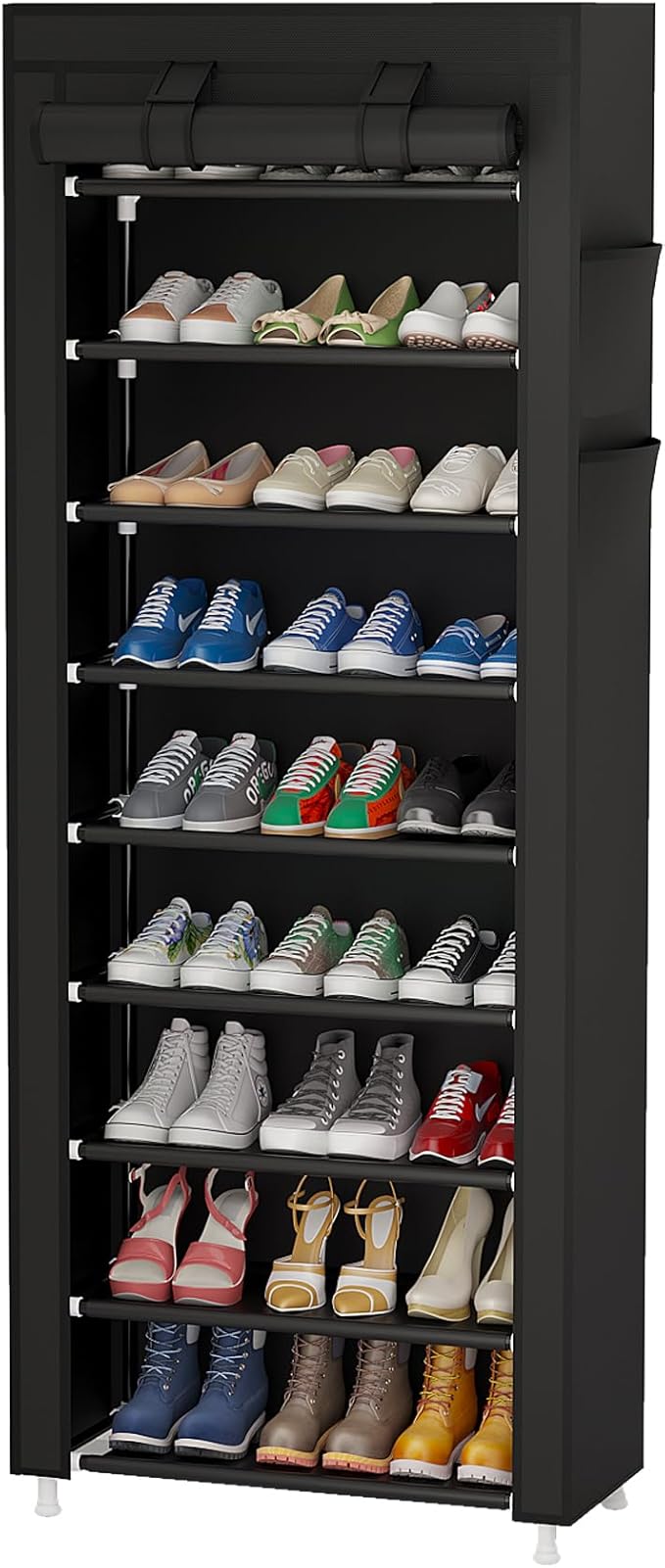 9 Tier Shoe Rack Organizer,Portable Shoe Shelf with Nonwoven Fabric Cover for Closet Hallway,Bedroom,Entryway,Black