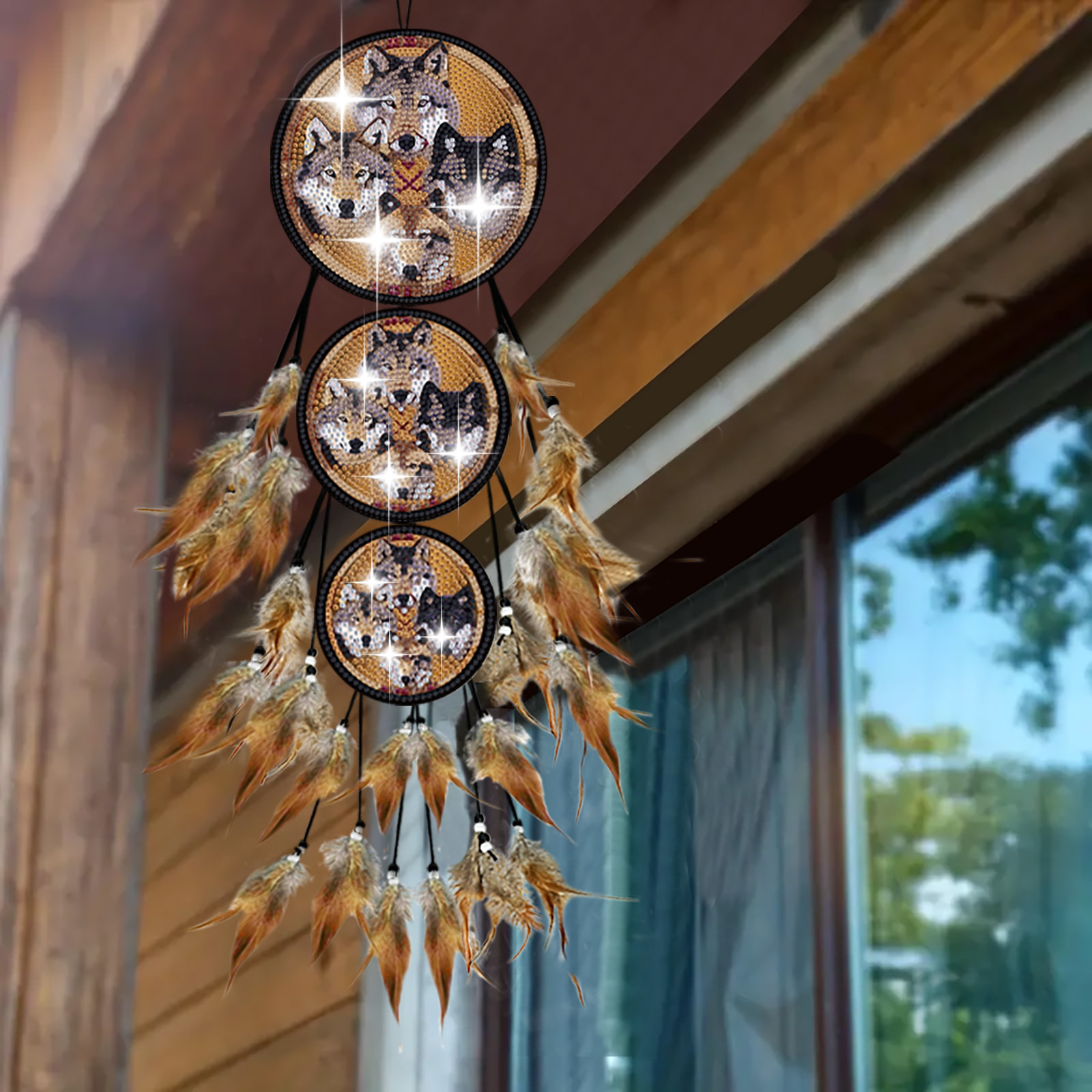 DIY Diamond Painting Wind Chime - Brown Wolf Feathers