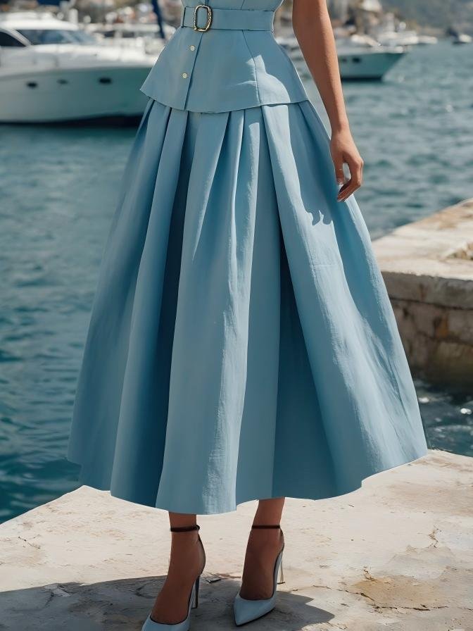 Linen Set , Short Sleeves, Shawl Collar, Plain, Button Design, Vintage, Blue