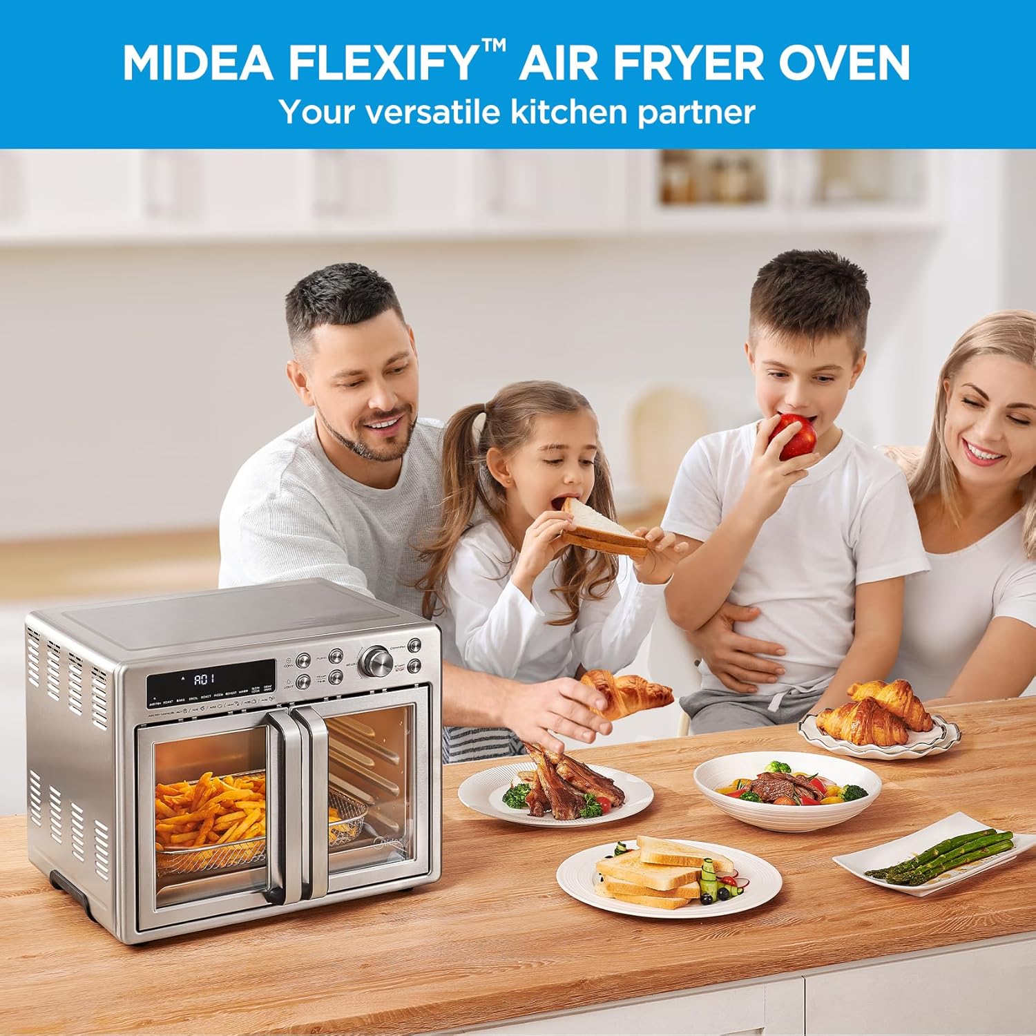 French Door Toaster Oven Air Fryer Combo, 26.4 QT, Extra Large Air Fryer Countertop Oven 10-in-1 Combo, 25% Faster Cooking and 90% Less Oil, Stainless Steel