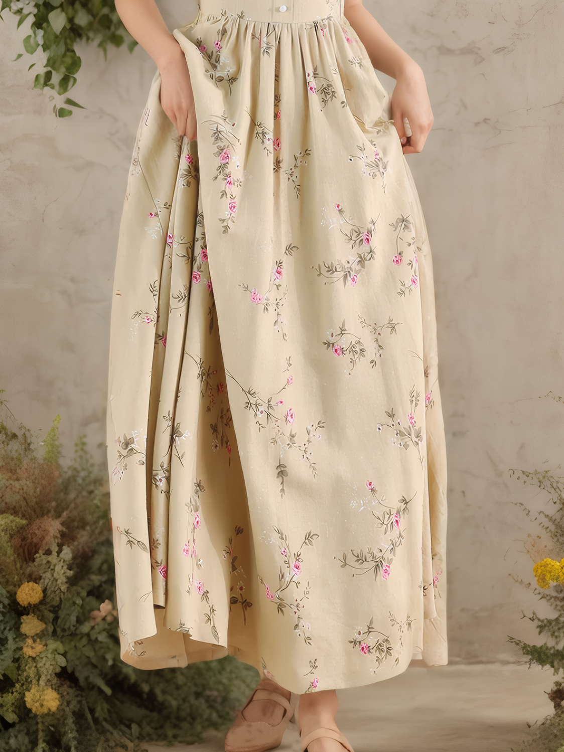 Maxi Linen Dress, Puff Sleeves, Square Neck, Linen Blend, Yellow