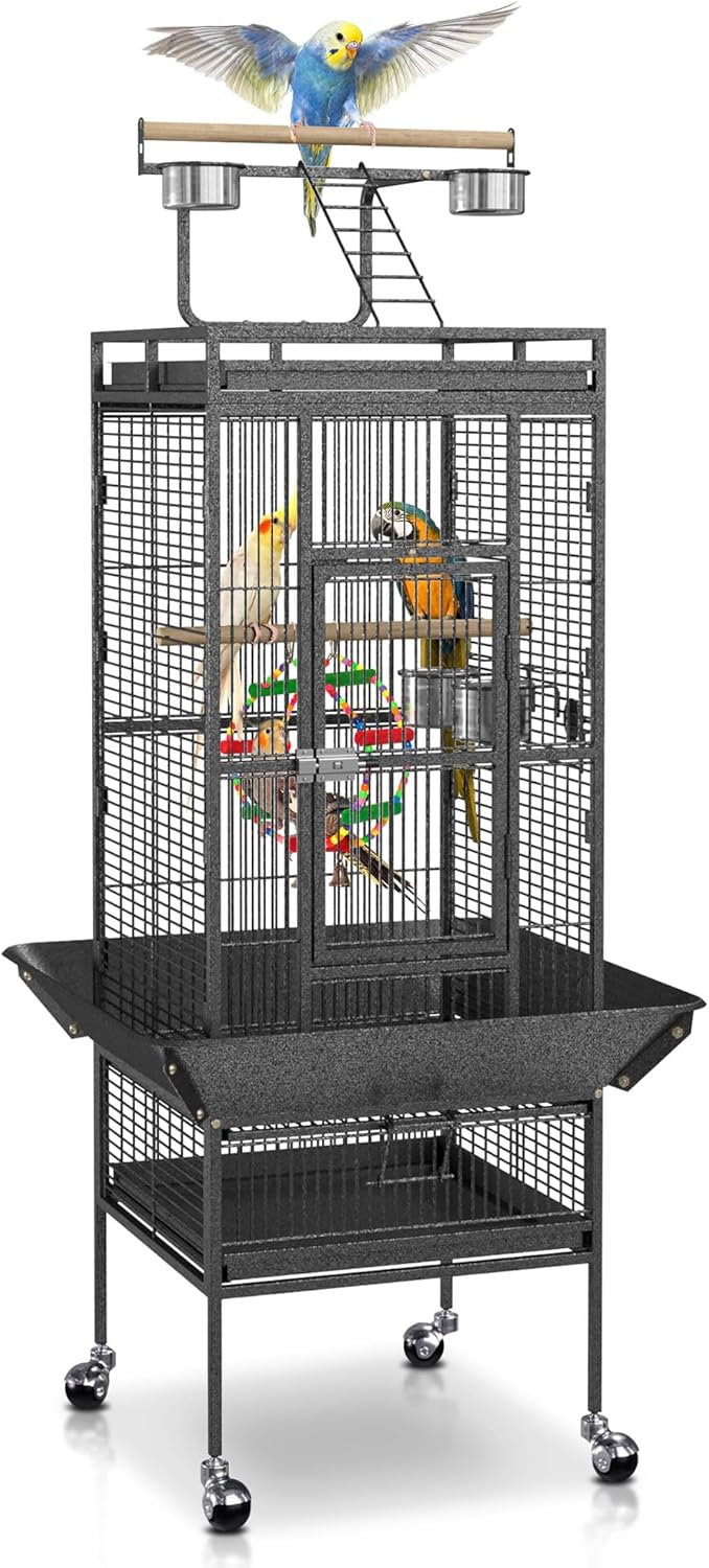 61-inch 2in1 Large Bird Cage with Rolling Stand Playtop Parrot Chinchilla Finch Cage Macaw Conure Cockatiel Cockatoo Pet House Wrought Iron Birdcage